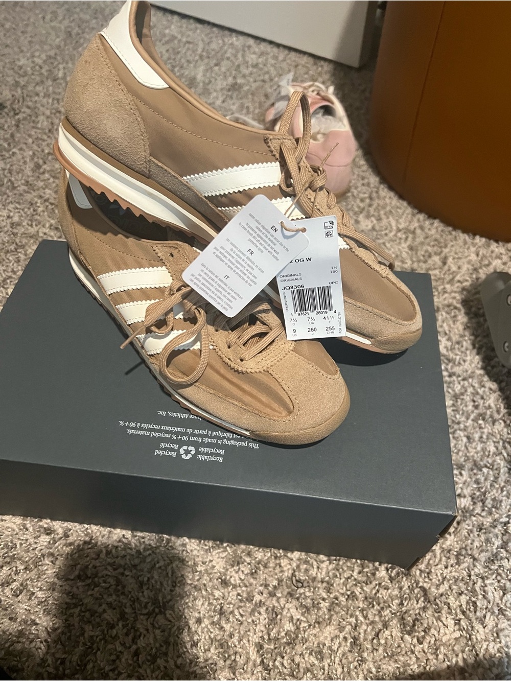 adidas Women’s Tan Suede Sneakers with White Stripes